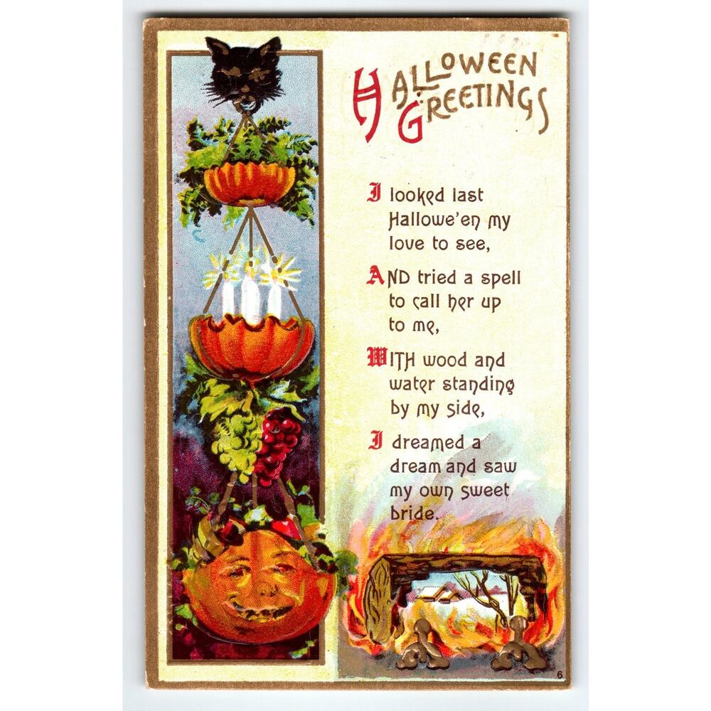 Vintage 1911 Halloween Greetings Postcard Black Cat Planter Florence Bamberger